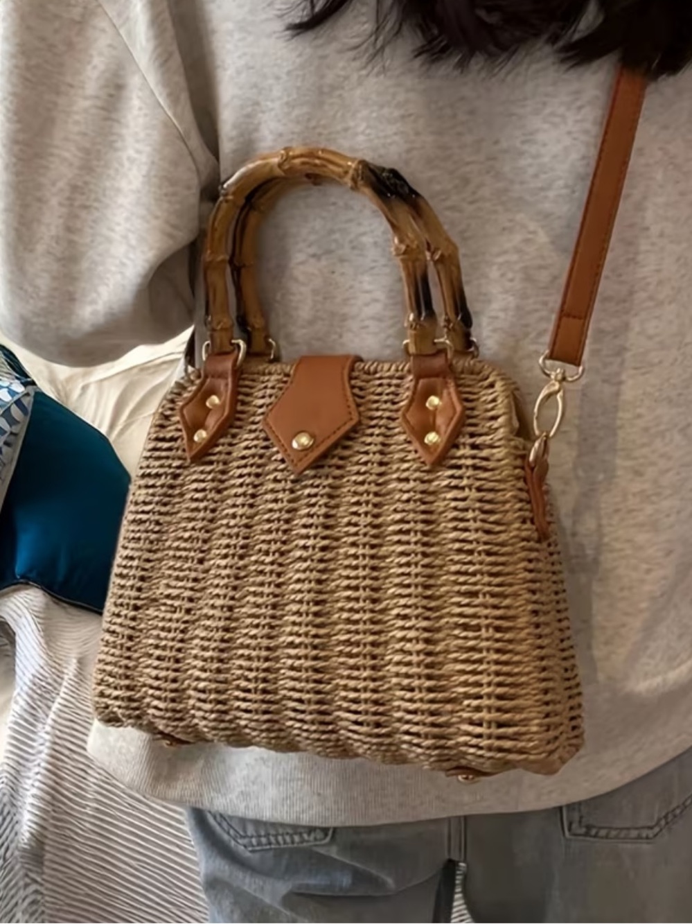 Woven Straw Shoulder Bag with Bamboo Top Handle - Brown - Picture 4 of 4